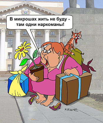 Карикатура о предоставлении жилья. У памятника Ленину с видом на областную Думу сидит сердитая женщина с узлами, горшок с цветком, чемодан, коробки, кот "В микрорайонах жить не буду - там одни наркоманы!"