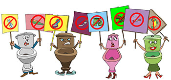 Карикатура про унитазы. Демонстрация протеста. Унитазы против смывания мусора в унитаз. Стоят с плакатами и выкрикивают лозунги.
