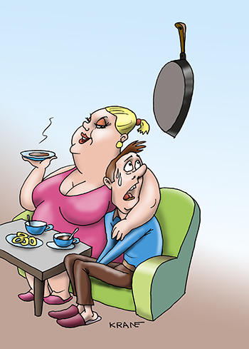 Карикатура про сковородку. Жена попросила подарить большую сковороду.
Я буду больше есть или лучше себя вести?