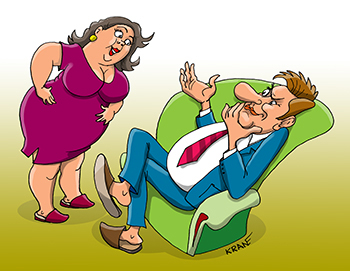 Карикатура про вес. Муж взвешивает жену на глаз.