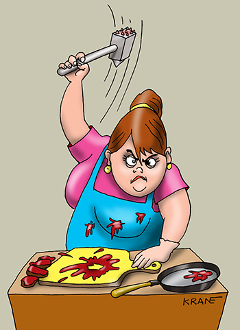 Карикатура про отбивные котлеты. Женщина машет молотком по мясу. Отбивные котлеты мягче от твердой руки повара.