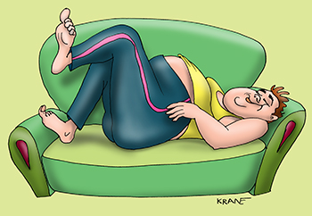 Карикатура про тренировочные штаны. Лежит на диване в тренировочных штанах и ленится.