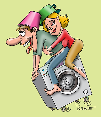 Карикатура про стиральную машину. Он и она сидят на стиральной машине как на мотоцикле.