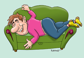 Карикатура про лежание на диване. Мужчина лежит на диване.