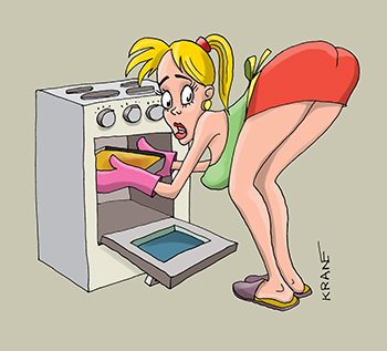 Карикатура про запеканку. Девушка достает из духовки запеканку.