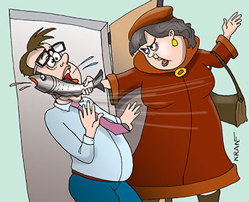 Карикатура про удар селедкой. Женщина в норковой шубе ударила селедкой по лицу чиновнику