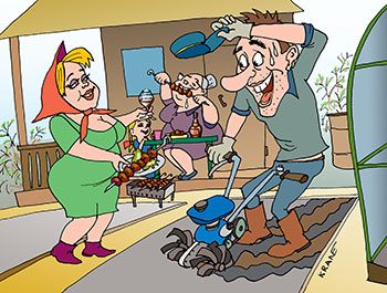 Карикатура про весенние работы на даче. На майские праздники семья жарит шашлыки на даче. Хозяин с культиватором пашет грядки. Жена подает шашлык и фужер с коньяком.