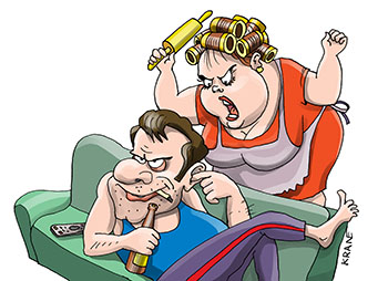 Карикатура про супруга ругает мужа. Жена орет на мужа. Муж заткнул уши и пьет пиво, курит, лежит на диване.