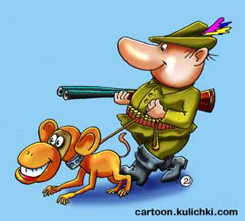 Карикатура об охоте с обезьяной. Охотник с ружьем, патронташем, в шляпе с пером. На поводке у него обезьяна. 