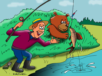 Карикатура о рыбалке. Рыбак вытаскивает здорового сазана на крючка. А из кустов рыбину перехватывает медведь.