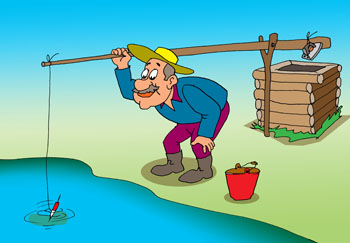 Карикатура про удочку из колодца. Рыбак ловит рыбу. Удочка из колодца типа журавль. Ведро под рыбу.