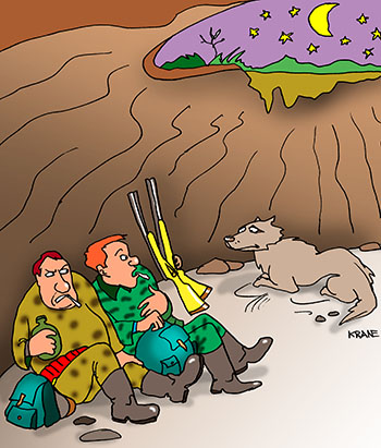 Карикатура про волчью яму. Два охотника угодили в волчью яму в которой уже сидел волк. Волк не стал возражать против новых соседей и подвинулся.