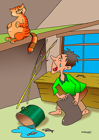 Карикатура про кота и рыбу. Кот съел рыбу. Рыбак плачет