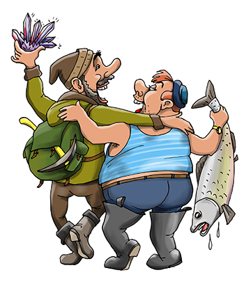 Карикатура про геолога и рыбака. Геолог с рюкзаком и рыбак с огромной рыбой в обнимку поют песню