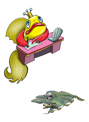 Карикатура про золотую рыбку. Золотая рыбка это высоко заплывший чиновник.