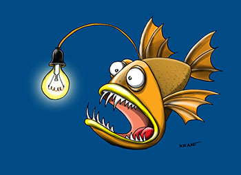 Карикатура про глубоководную рыбу. Глубоководная рыба с лампочкой светит в кромешной тьме