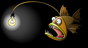 Карикатура про глубоководную рыбу. Глубоководная рыба с лампочкой светит в кромешной тьме