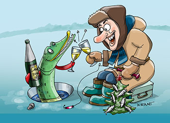 Карикатура про Новый год на рыбалке. Рыбак пьет шампанское со щукой из проруби.