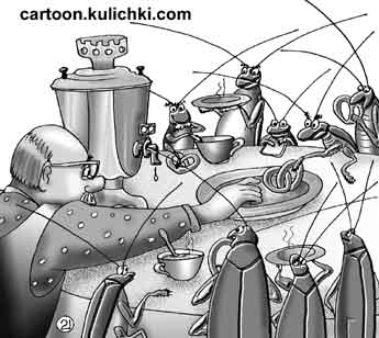 Карикатура про чаепитие с тараканами. Старый обычай в богатых домах – разводить тараканов. У самовара собираются все многочисленные обитатели дома во главе с хозяином.