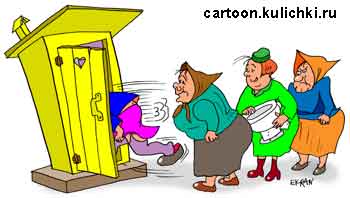 Карикатура о удобствах на улице. Очередь в деревянный туалет. Хитрая дама со своим унитазом. 