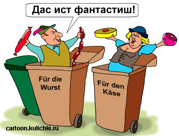 Карикатура о немецких мусорных бачках с детальной сортировкой отходов. Немцы на помойках находят настоящего немецкого качества продукты.