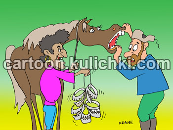 Карикатура о ворованном коне. Покупатель заглядывает коню в зубы. Цыган предлагает запасные челюсти для коня. 