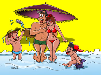 Карикатура о курортном романе. Командировочный на пляже с любовницей обнимается и думает что ее сын носит воду в его шляпе. Но ее сын топит в море его сотовый телефон.