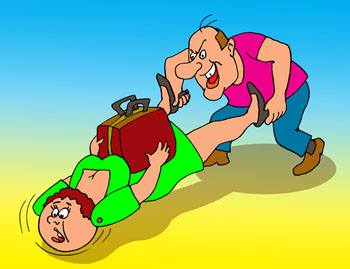 Карикатура о переносе тяжелых сумок. Муж помогает жене нести тяжелую сумку на колесиках