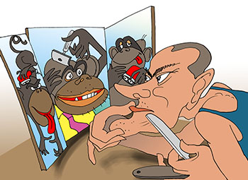 Карикатура о мартышке. Уголовник бреется перед зеркалом трюмо. Три мартышки перед ним это зеркала и отражения.