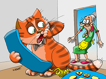 Карикатура про говорящего кота. Кот звонит по телефону. 