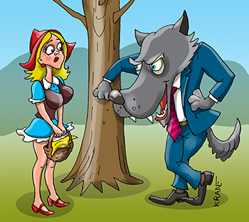 Карикатура про Красную шапочку. Встречает Волк в лесу Красную Шапочку и провожает ее...