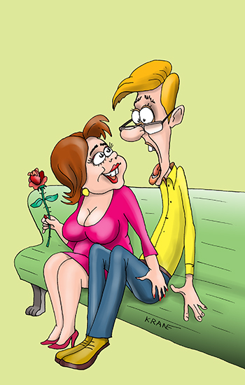 Карикатура про свидание. Девушка на первом свидании щупает у парня в штанах толщину кошелька.