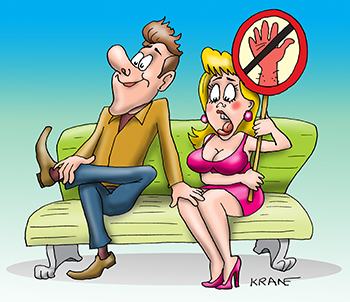 Карикатура про приставаниях и домогательствах. Девушка недотрога получает большой стресс от трогания ее за коленку.