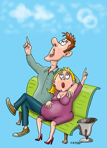 Карикатура про беременность к свадьбе. Двое на скамейке смотрят на облака. парень не хочет жениться несмотря на беременность подруги.