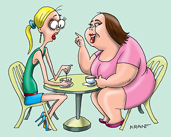 Карикатура про плоскую фигуру. Две девушки в кафэ. Девушка с полной фигурой утешает подругу с плоской тем, что у нее очень выпуклые глаза.