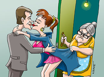 Карикатура про провожание до подъезда. Молодые целуются, прощаются, а в проеме приоткрытой двери выглядывает грозная бабулька и затягивает внучку за плащ домой.