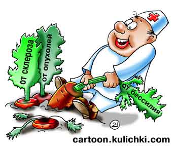 Карикатура про целебные травы и средства. Врач не может вырвать морковку от бессилия, забыл вырвать от склероза и опух уже от морковки от опухолей.
