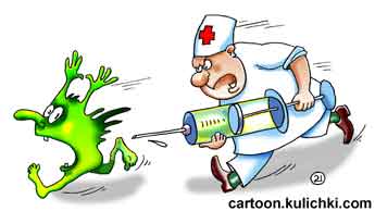 Карикатура про аптеку и лекарства. Врач гонится со шприцом за бактерией.