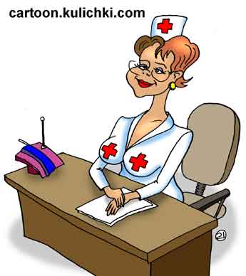Карикатура про больницу. Сексапильная медсестра за столом в халатике с красными крестами на шапочке и грудях.