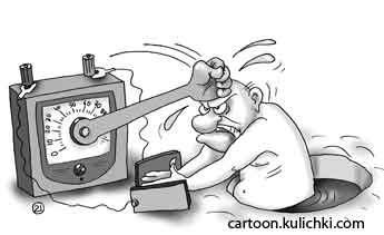 Карикатура о медицинском приборе магниты терапии. Мужик в проруби показывает как повышается заряд в его клетках.
