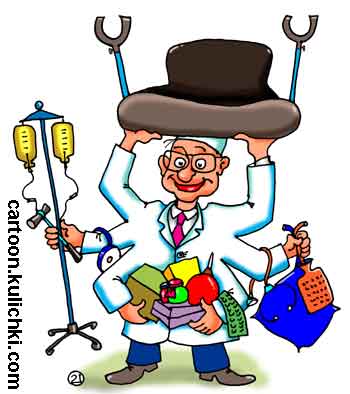 Карикатура о многоруком Шиве. У врача много специальностей. Он несет кресло, капельницу, клизму и другие медицинские орудия.