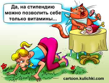 Карикатура о диетическом питании. Девушка отказывается от пищи, голодает, чтобы покормить кота мясом. Сама же ест траву.