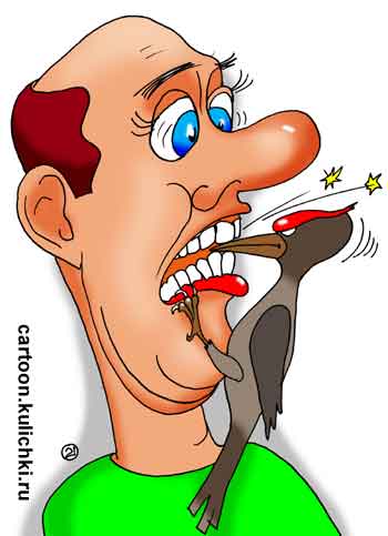 Карикатура про лечение зубов. Дятел лечит зубы. Выдалбливает старое дупло от разных паразитов.
