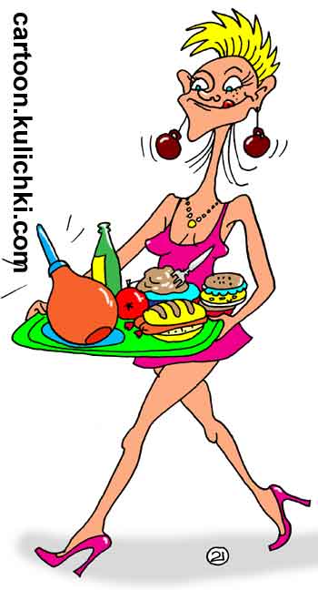 Карикатура о диетическом питании. Девушка чтобы похудеет после еды делает себе клизму.