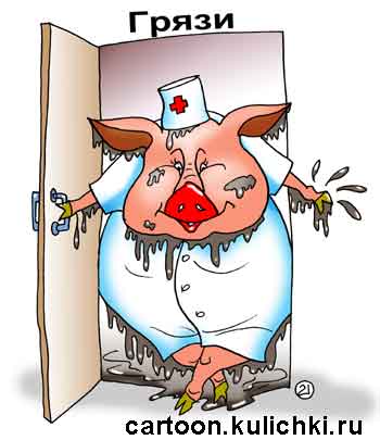 Карикатура о лечении грязями. Свинья – крупный специалист по лечению грязями.