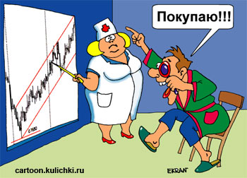Карикатура про прем у врача. Офтальмолог проверяет зрение у брокера по графикам биржи. Брокер кричит покупаю!