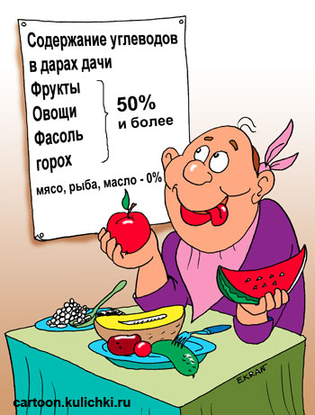 Карикатура о диетическом питании. А кухне у дачника таблица содержания углеводов в дачном урожае.