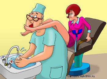 Карикатура про прем у врача. Неопытная девушка в кабинете гинеколога закинула свои ножки на плечи доктору.
