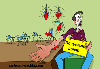Карикатура о сдаче крови. Звание почетный донар присуждену покусанному комарами мужчине. Комары не мало крови выпили из мужика.