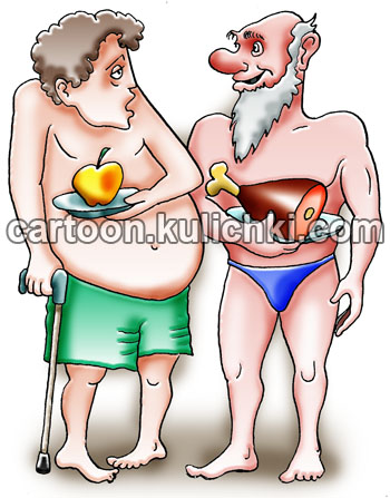 Карикатура о старении от еды. Молодой юноша питаясь углеводами быстро становится стариком. Пожилой человек питаясь мясом даже в преклонном возрасте выглядит моложе и бодрее чем молодой. 